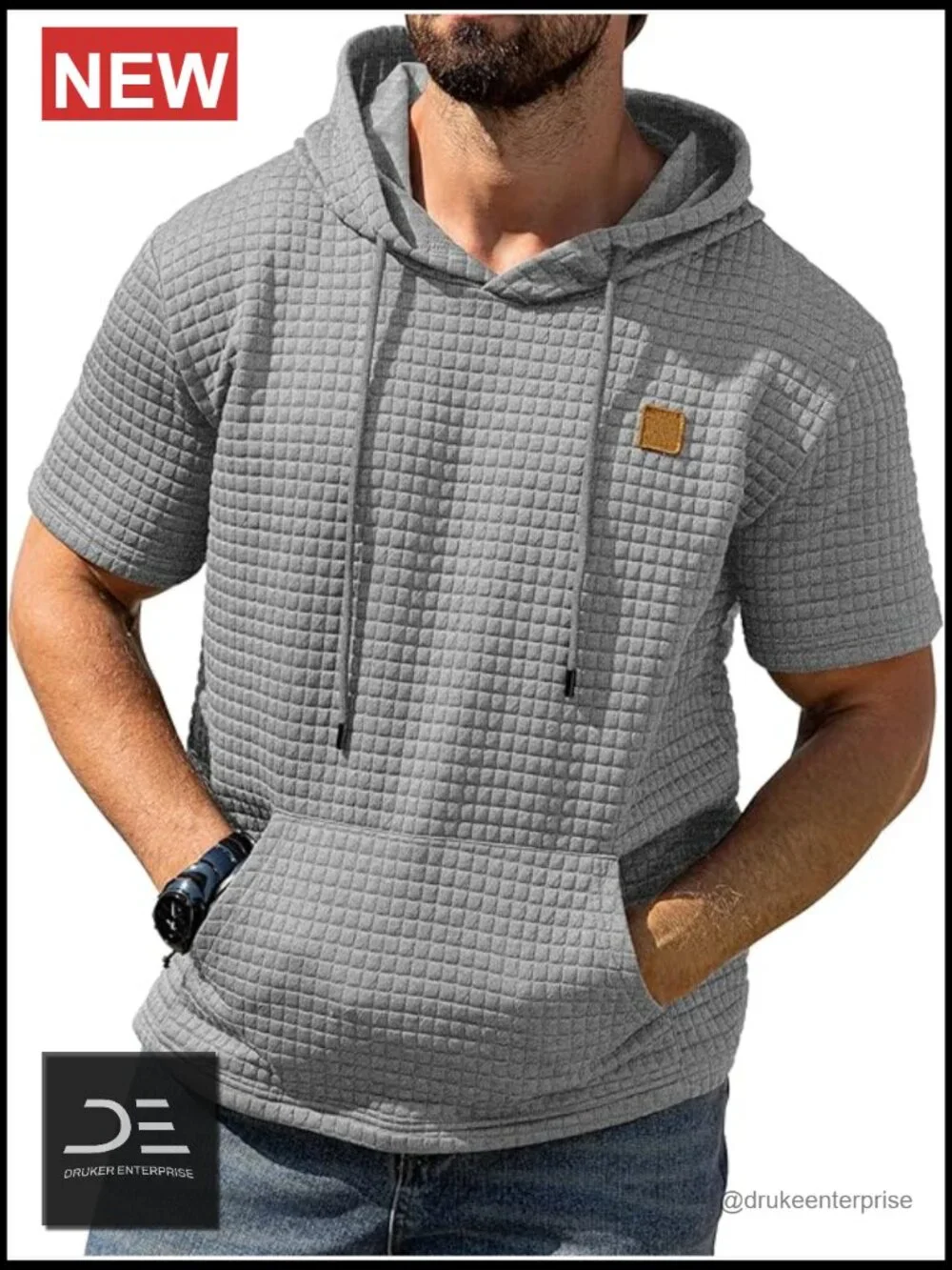 Short Sleeve Hoodie with Kanga Pocket Waffle Knit Pullover - Picture 1 of 6